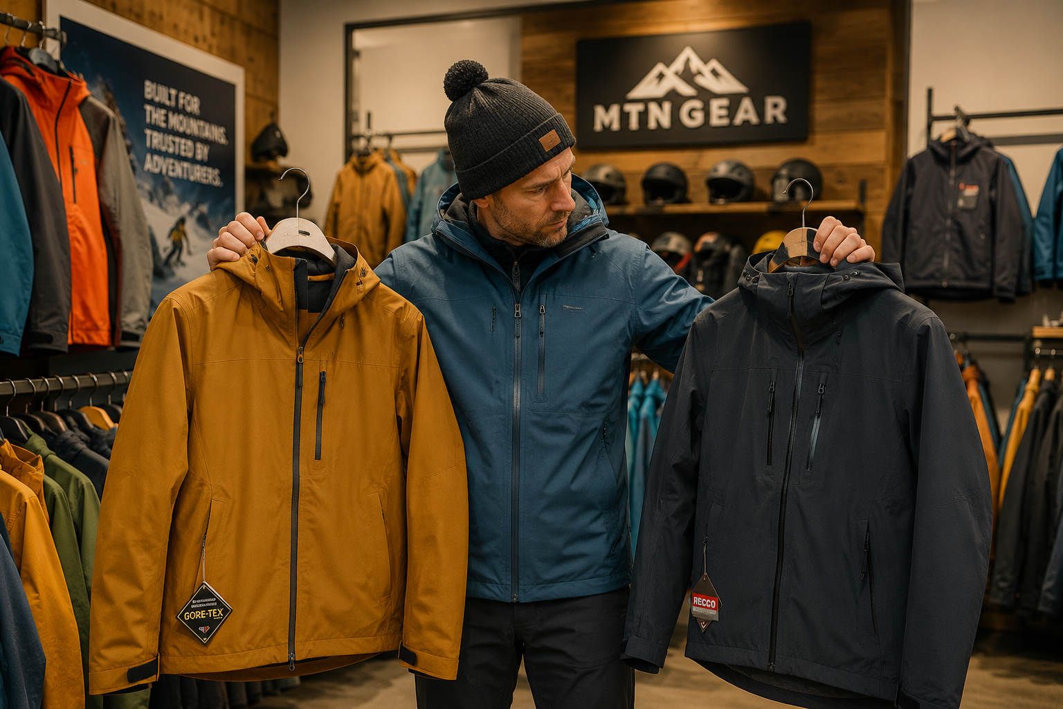 Customer comparing premium ski jackets at MTN Gear